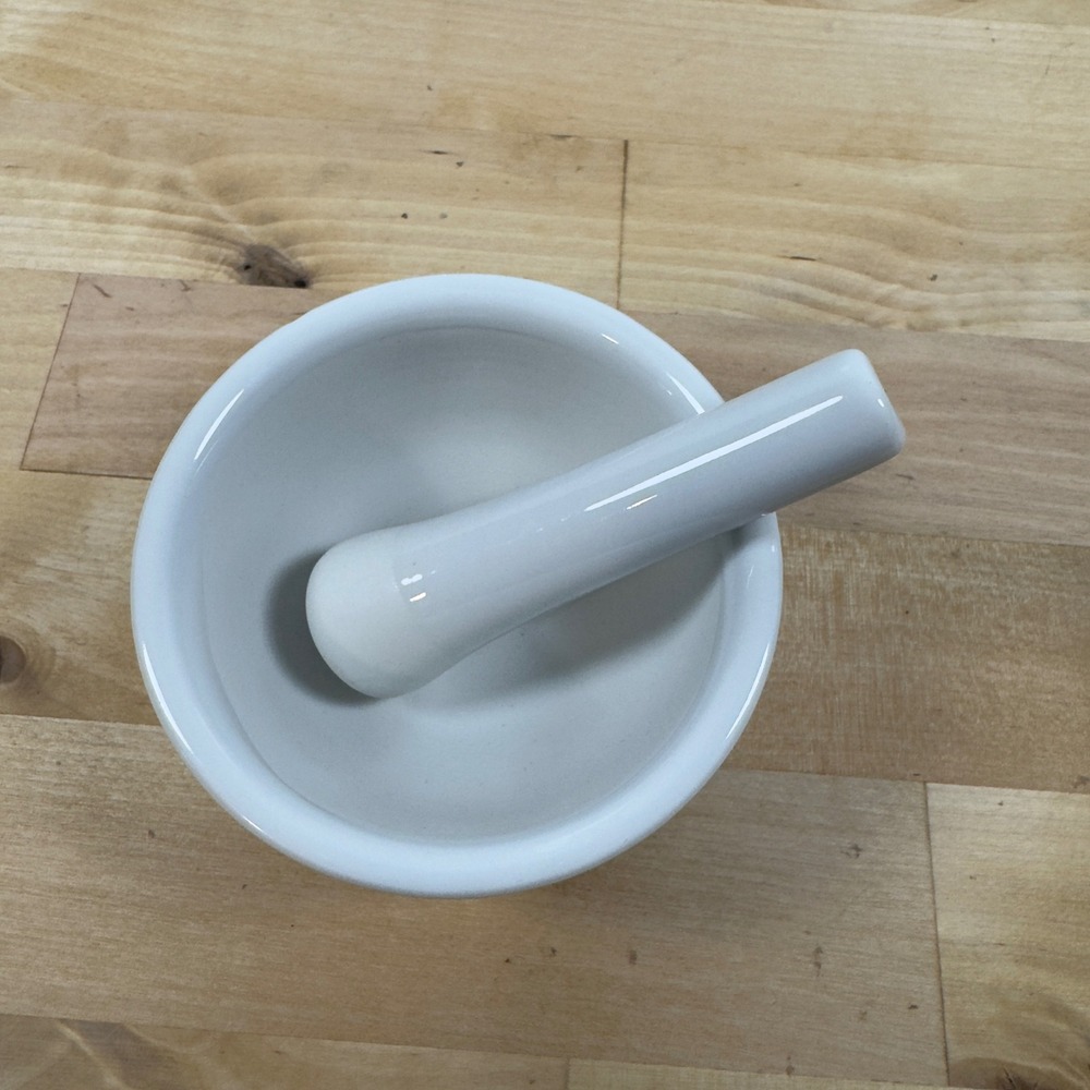 KY White Ceramic Mortar and Pestle Set with Pour Spout 3.5 Inch Small Grinder
